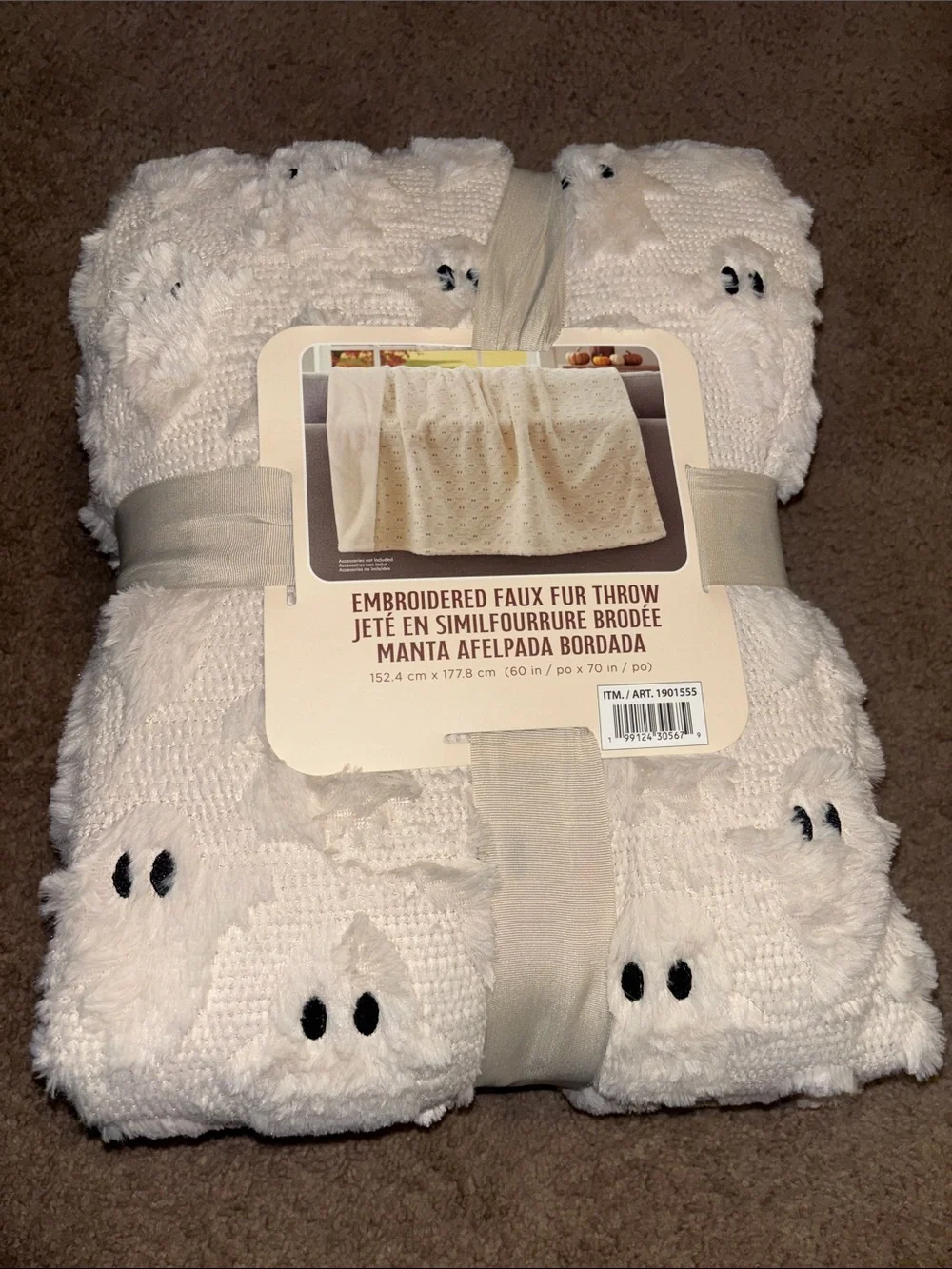 NWT VIRAL Costco Embroidered Faux Fur Throw - Cream Ghost Pattern